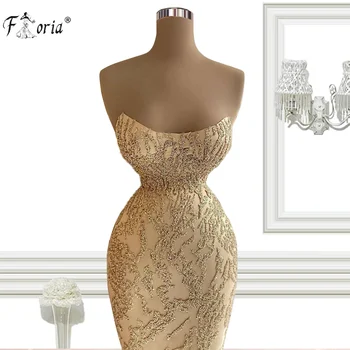 Luxusné Korálkové Šampanské Večerné Šaty Sequined Vidieť Cez Morská Víla Dĺžka Podlahy Prom Šaty 2021 Dubaj Koktail Party Šaty