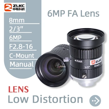 ZLKC FA Objektív 6 MP, 8 mm 2/3 Palca Fotoaparát, Objektívy CCTV Časti C Mount Objektív pre Basler Kamery Nízke Distorsion F2.8 Iris Stroj Videnia