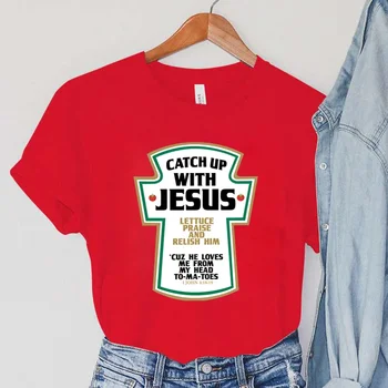 Dohnať s Ježišom Ženy T-Shirts Vintage Verše Žena Topy Harajuku Christian Paródia Krátky Rukáv dámske Oblečenie