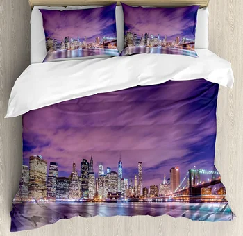 Moderné posteľné prádlo, Nastavený Pre Spálne Posteľ Domov New Yorku Skyline v Noci s Mrakodrapmi Ma Perinu Deka Kryt obliečka na Vankúš