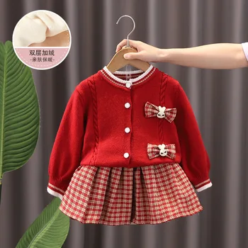 Nové dievča Cardigan top red luk kockované sukni 2pc/veľa dievčatá, baby, deti jeseň jar módne oblečenie, sveter 2-6y 80-130