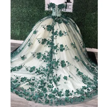Smaragdovo Zelená Quinceanera Šaty princezná Vestidos 3D Kvety, Čipky Crystal Mimo Ramenný Sladké 15 Prom Šaty Sprievod Plášte