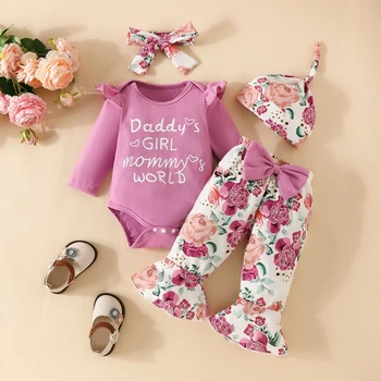 Baby Dievčatá 4Pcs Jeseň Oblečenie s Dlhým Rukávom Romper Luk Obličkového Nohavice hlavový most Klobúk Nastaviť Dieťa Oblečenie