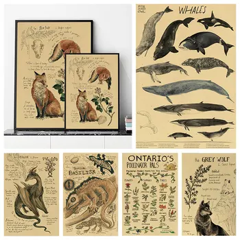 Vintage Prírodný Tvor Plagáty Dragon/Veľryba/Psa Zvierat A Rastlín, Ilustrácie Retro Kraft Plagát Domova Maľovanie Na Stenu