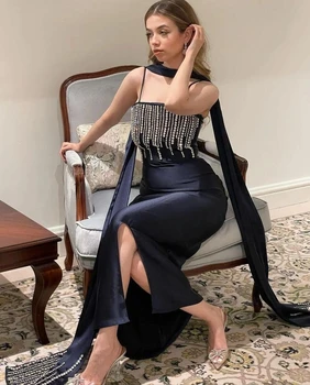 Luxusné Korálkové Večerné Šaty pre Ženy 2024 Špagety Black Elegantný Prom Šaty Odnímateľný Vlak Party Šaty Svadobné Party Šaty