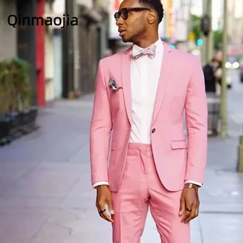 Bežné Bežné Ružový Kostým Homme Mužov, Svadobné Obleky Ženícha Smoking Terno Masculino Slim Fit Prom Party Najlepší Muž 2 Kusy