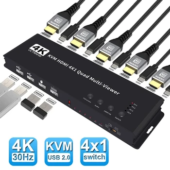 4K HDMI KVM Prepínač 4x1 Quad Multi Viewer 4 v 1 Z KVM HDMI Procesor Displej Multiviewer Bezšvíkové pre 4 PC Zdieľať Myš Klávesnica