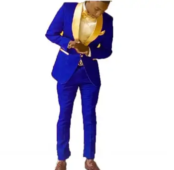 Groomsmen Kráľovská Modrá Ženícha Tuxedos Šatkou Zlato Klope Muži Obleky 2 Kusy Svadby Ženích ( Bunda+Nohavice+Kravatu)
