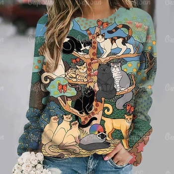 2023 dámske Bavlnené Tričko Harajuku Cute Cat Dlhý Rukáv Každodenné Bežné Nosenie Jeseň Top Ženy, Nadrozmerné Textílie Kolo Krku Tshirts
