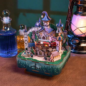 DIY Drevené Magic Castle Music Box Model Budovy Súpravy na Mesto, Výhľad na Ulicu 3D Puzzle, Hračky pre Deti Narodeninám Domova