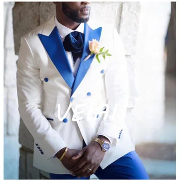 Biela Modrá Nový Štýl Slim Oblek Bežné Kabát 2 Kusy Plus Veľkosť Svadobné Business Mužov Formálne Nohavice Sako Nastaviť