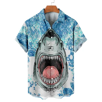Nové pánske Tričko Zábavné Shark Tlač Mužské Oblečenie Bežné Streetwear T-Shirt Módne Klope Tlačidlo Tričko pre Mužov Zvierat Vzor Blous