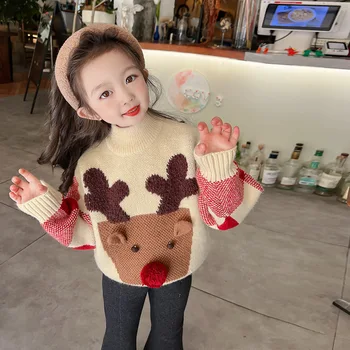 baby dievčatá sveter jeseň zima hrubý pulóver pletené jumper roztomilý jeleň deti knitwear kórejský batoľa oblečenie 2 do 10 rokov