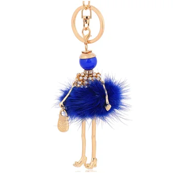 trendy nadýchanou kožušinkou keychains kľúč reťazca krúžok gold-farba modrá srsť keyrings kožušiny taška kúzlo ženy, taška na príslušenstvo šperky