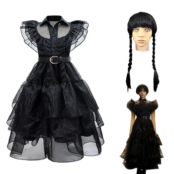 Detské stredy Addams Family Morticia Cosplay Šaty Parochňu Čierne Oblečenie Halloween Karnevalové Kostýmy Oblečenie Pre Dievčatá