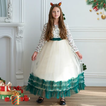 Vianoce Dievčatá Zelené Šaty Pre Deti S Dlhým Rukávom Strany Princezná Šaty, Kostým 4-14 Rokov Elegantný Svadobný Večer Vestidos