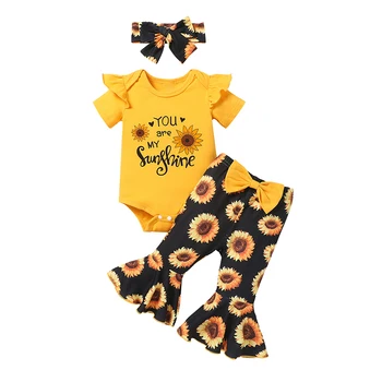 Novonarodené Dievčatká Oblečenie Dieťa Dieťa Prehrabať Slnečnice Romper Babysuit Nohavice hlavový most 3KS Letné Oblečenie Sady
