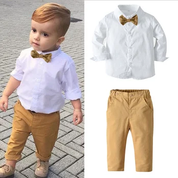 Dieťa Deti Baby Boy je 2-dielna Gentleman Farby, čistú Bielu Farbu Tlačidlo Dlhý Rukáv Luk Tričko Dlhé Nohavice Elastický Pás