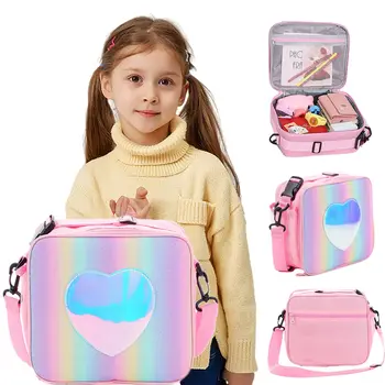 Obed Taška Rainbow Milujúceho Srdca Laser Prenosné Veľké Bento Puzdro pre Deti Dievča Tepelne Izolované Chladnejšie Ramenný Piknik Box