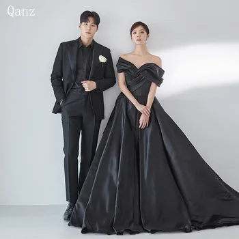 Qanz Čierna Vintage Satin Večerné Šaty Mimo Rameno Dlhé Čiary Kórea Svadobné Party Šaty Formálne Príležitosti Šaty 2024