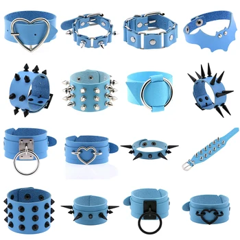 90. rokov Vintage Blue Pu Kožené Náramky pre Ženy Zápästie Riadok Nit Stud manžetový Náramok pre Ženy, Mužov Nastaviteľné Punk Šperky