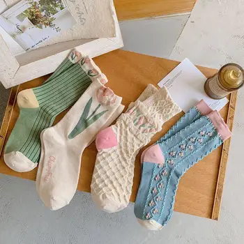 Ženy Ponožky Nový Kórejský Štýl Kvet Bežné Bavlnené Ponožky Dievčatá Naberaný Prehrabať Roztomilé Sladké Priedušná Kawaii Posádky Ponožky