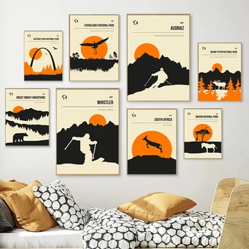 Minimálne Retro Cestovanie Umenie Plagáty a Vytlačí Oranžové Slnko Horské Živočíchy, Rastliny Wall Art Plátno na Maľovanie Domov Izba Dekor Obrázky