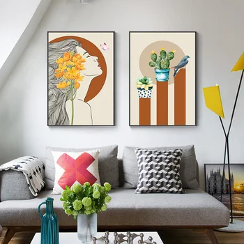 Nordic Štýl Kvet, Motýľ Kaktus A Dievča Plátno, Maľovanie Na Obývacia Izba Moderného Domova Abstraktné Wall Art Obrázok Tlače