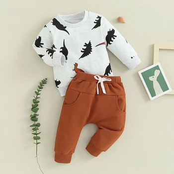 Baby Boy 2 Kus Oblečenia Dinosaura Tlač Dlhý Rukáv Mikina a Elastické Nohavice pre Batoľa Jeseň Oblečenie