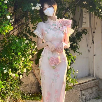Čínske Tradičné Oblečenie Qipao Chi-pao 3D Rose Upravené Cheongsam Šaty Elegantné Kawaii Sladké Leto 2023 Štíhly Pás Šaty