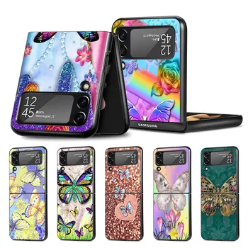 Luxusné Farebné Motýľ Prípade mobilného Telefónu Samsung Galaxy Z Flip4 Flip3 5G Black Coque Z Flip 4 3 Pevného PC Luxusné Kryt