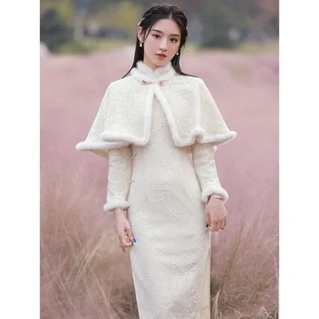 Jeseň Zima Zahustiť Teplé Ženy Šatka+qipao Dvoch-dielny Čínske Šaty Tradičné Retro Vestido Chino Elegantné Zlepšiť Cheongsam