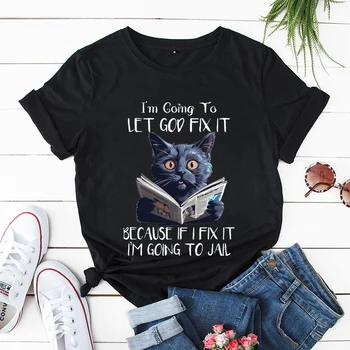 Mačka s Knihou Cartoon Tee Šaty Nech je Boh Fix It Tlač vrchné Oblečenie Žien T-shirts Trend Ženskej Módy Bežné Grafické T-shirts