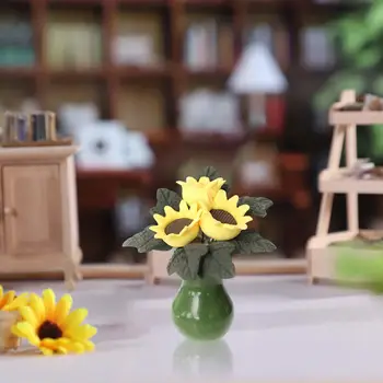 Doll House Slnečnice Mini Črepníkové Kvety Model pre 1/6 1/12 Doll House