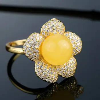 9mm Žltá Lopta Kvet Krúžok Nastaviteľné Ženy Jemné Šperky 100% Originálne Prírodné Baltského Ambers Zirkón 925 Sterling Silver Krúžky