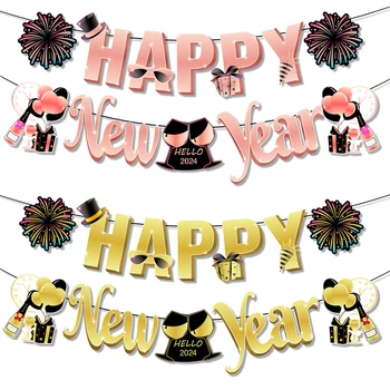 1Set 2024 Šťastný Nový Rok Banner Čierne Zlato Vlajky Nový Rok Party Dekorácie, Ohňostroje Šampanské Fotografie Pozadí Ornament
