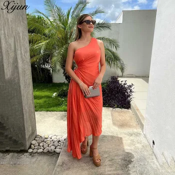 Xijun Orange A-Line Prom Šaty Jednoduchý-Ramenný Skladaný Večerné Šaty Formálne Príležitosti Dámske Šaty Vestidos De Fiesta
