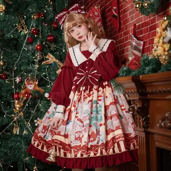 Vianočné Lolita Šaty Cartoon Kawaii Ženy, Nový Rok Sladké Vysoký Pás Prehrabať Lístkového Dlhý Rukáv Červená Princezná Party Šaty