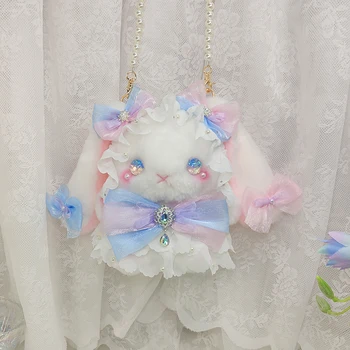 Lolita Králik Balík Sklon Strane Taška pre Ženy Bowknot Luxusný Pearl Powder Blue Rabbit Taška Cosplay Cute Bunny Doll Dievčatá Darček
