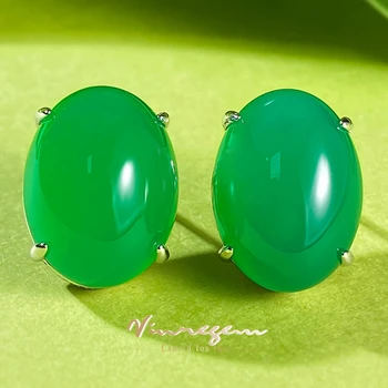 Vinregem 12*16 Oválne Simulované Green Jade Drahokam Vintage Elegantné Ucho Stud Náušnice pre Ženy 100% 925 Sterling Silver Šperky