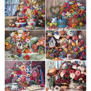 Kvetinové Vázy Cross Stitch Auta, Vyšívanie, Nastaviť, Plná Výšivka, Ekologické Bavlnenej Nite, Unprint, 14CT