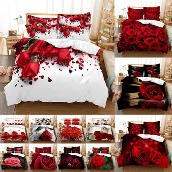 Red Rose posteľná bielizeň Set Prikrývka Perinu Cumlík Vankúš 3D HD Dvojitej Plnej Kráľ, Kráľovná Twin Jeden 3KS 2KS Spálňa Kvet
