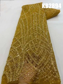 Vyšívané Korálkami Čipky Textílie Zlaté Flitre francúzskej Čipky Najnovšie Čipky Tkaniny Vysokej Kvality 2023 Biele Perlové Čipky Pre Šitie KB2894