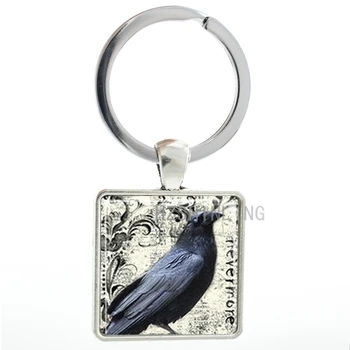 2016 new vintage The Raven Edgar Allan Poe aplikácie keychain muži ženy Nevermore trendy vtákov, pôvab sklo, kovový prívesok na krúžok držiak AA39