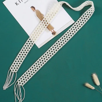 Elegantné pearl strapec kravatu luk módne ručne tkané žien imitácia perlový náhrdelník ramenný reťazca šaty, šperky