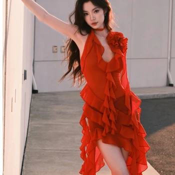 Kpop kórejskej Speváčky Street Dance, Sexy plavky s uväzovaním za Krk Kvet Šifón Čipky tvaru Fringe Šaty Žien Koncert Oblečenie Fáze Kostým