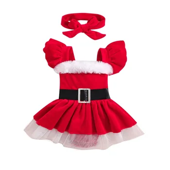 Detská Baby Girl Vianočné Šaty Oka Patchwork Prehrabať Rukáv Velvet Romper Šaty a Čelenka Nastaviť Dievča Pád Oblečenie