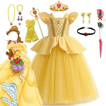 Dievčatá Belle Princezná Šaty Halloween Cosplay Kostým Narodeninovej Party Deti Šaty pre Dievčatá Magic Stick Koruny Deti Oblečenie