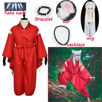 Anime Inuyasha Cosplay Kostýmy, Červené Japonské Kimono Mužov Šaty, Kostým W Parochne Uši A Náhrdelník Pre Halloween Party mužov a žien