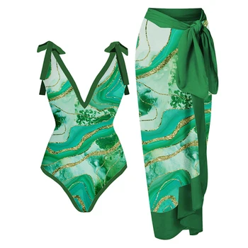 Zelená Retro Vlna Tlač Bikini Vyhovovali Tvaru Sexy Luk Popruh Plavky Backless Jedného Dielu Plaviek Žena Push-Up Elegantný Vysoký Pás